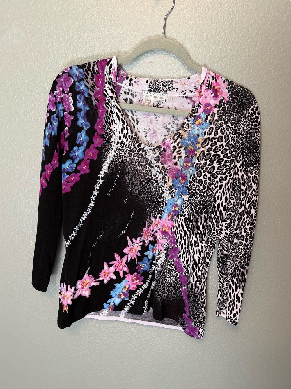 Alberto Makali Black Floral & Animal-Print beaded V-Neck Long Sleeve Top